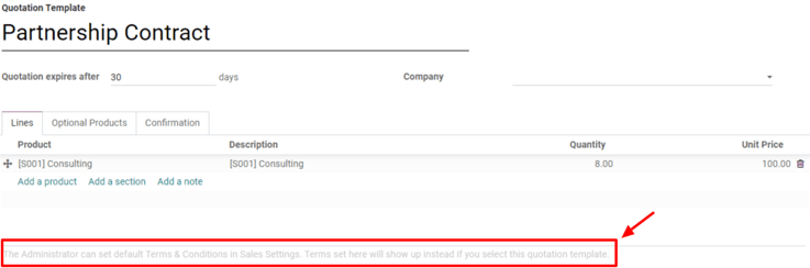 Add Default Terms and Conditions to quotation templates on Odoo Sales.
