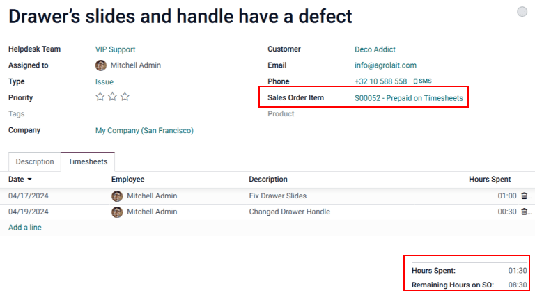 The timesheets tab of a Helpdesk ticket keeping track of the number of hours remaining on a sales order.