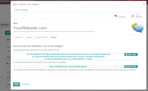 View of the widget tab for Odoo Live Chat