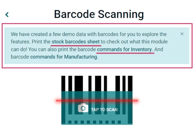 Aviso de datos de demostración en la pantalla principal de la aplicación Código de barras.