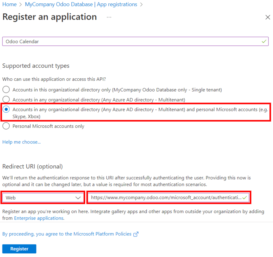 Los ajustes de "tipo de cuenta admitido" e "identificador URI de redirección" en el portal de Microsoft Entra ID.