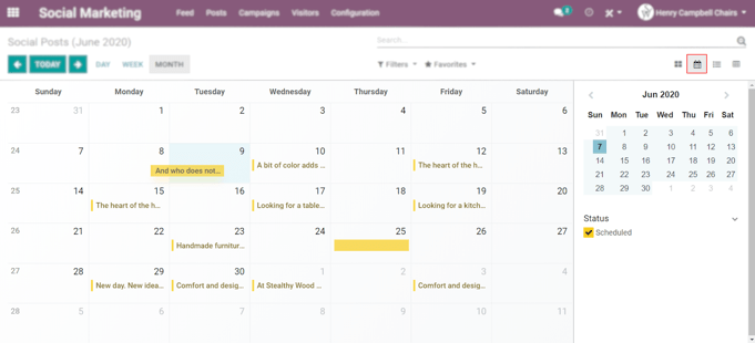 Ejemplo de la vista de calendario en la aplicación de Marketing social de Odoo.