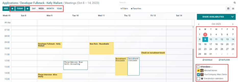 Vista de calendario donde se muestra cómo cambiar las reuniones mostradas.