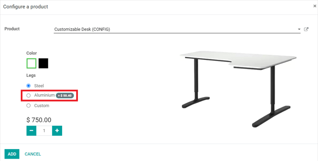 Configurador de producto y precios adicionales