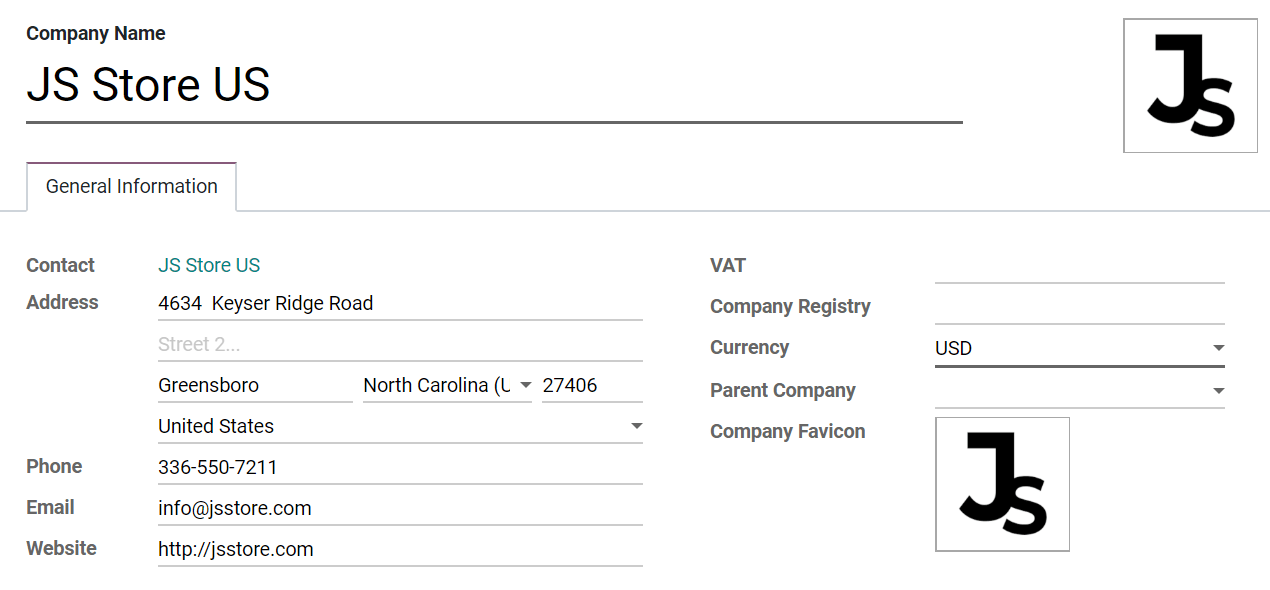 Vista general del formulario de una nueva empresa en Odoo