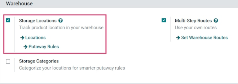 Imagen donde se muestra la función ubicaciones de almacenamiento activada en los ajustes de inventario. 