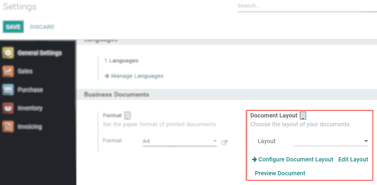 Vista de la página de ajustes enfatizando el campo de diseño del documento en Odoo
