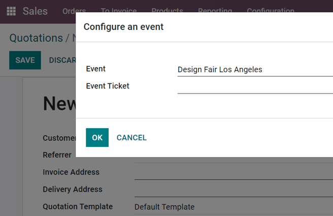 Vista de una orden de venta con la opción de elegir el evento en la aplicación Eventos de Odoo.
