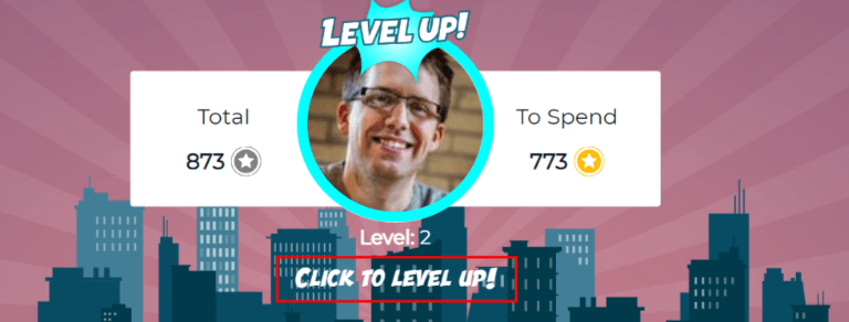 Debajo de la imagen del usuario aparece '¡Haga clic para subir de nivel!' y una imagen grande '¡Subió de nivel!' aparece, debajo de la imagen.