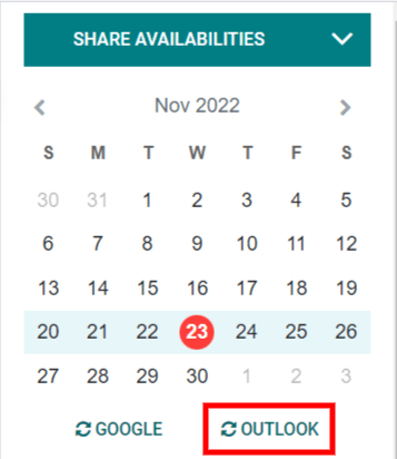 El botón para sincronizar "Outlook" en la aplicación Calendario de Odoo.