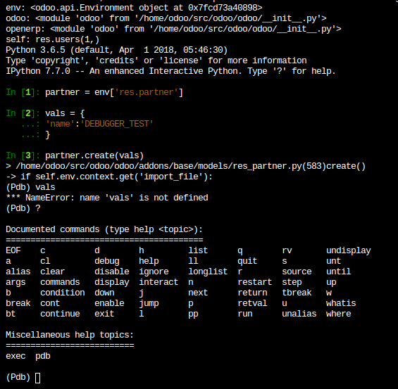 Captura de pantalla de la consola que muestra el ``pdb`` en ejecución en un shell de Odoo.sh.