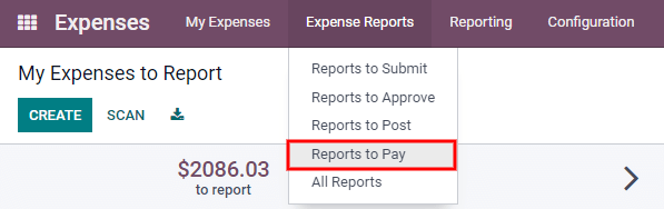 Vea los reportes por pagar haciendo clic en reportes de gastos y luego en reportes por pagar. 