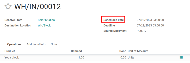 Mostrar la *fecha programada* esperada de llegada del producto del proveedor.