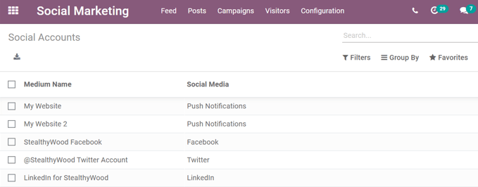 Vista de la página de cuentas de redes sociales en la aplicación de Marketing Social de Odoo. 