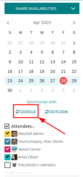 Haga clic en el botón de sincronización con Google para sincronizar su calendario de Google con Odoo.
