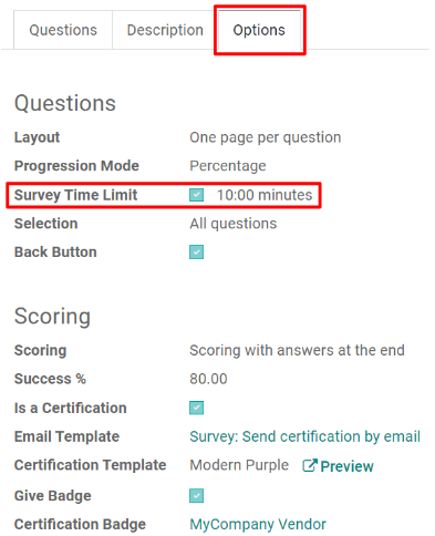 El campo de tiempo límite en la pestaña de opciones de una plantilla del formulario de una encuesta. 