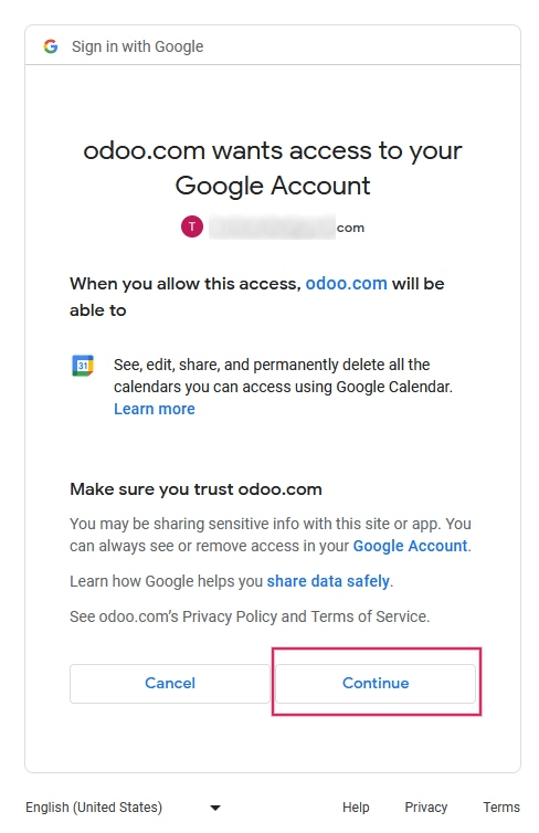 Imagen sobre cómo darle permiso a Odoo de acceder al calendario de Google.