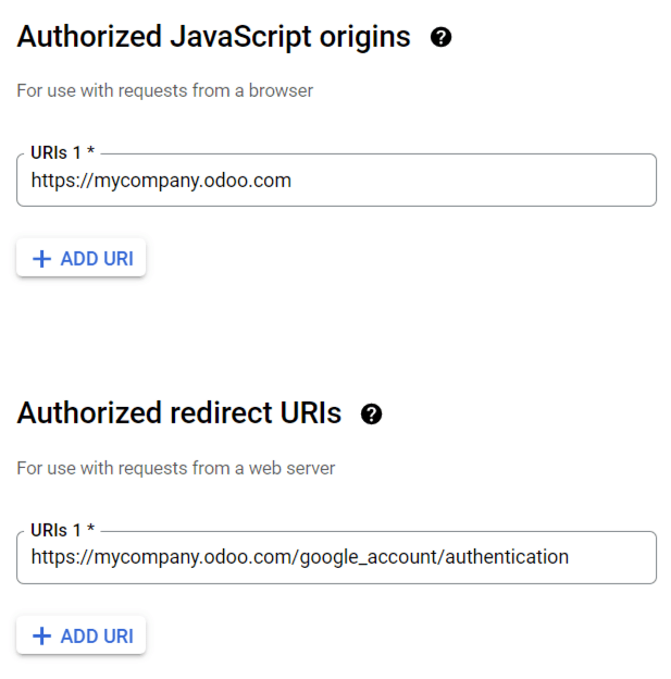 Agregue los orígenes de JavaScript autorizados y después las URI de redirección autorizadas.