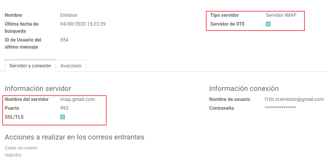 Configuration du serveur de messagerie entrant pour le DTE chilien.