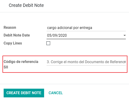 Note de débit pour le remboursement partiel pour corriger les montants, en utilisant le code de référence SII 3.