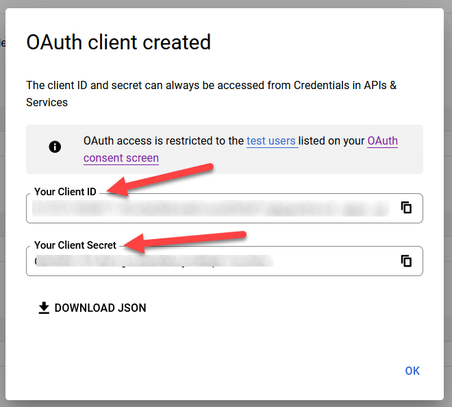 ID Client et Secret Client pour Google OAuth.