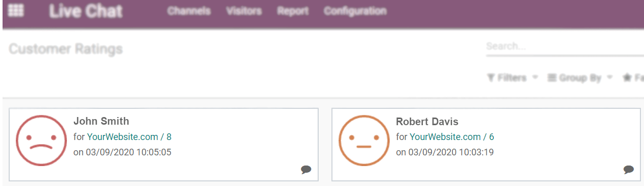 Vue de la page de l'évaluation des clients dans Odoo Live Chat