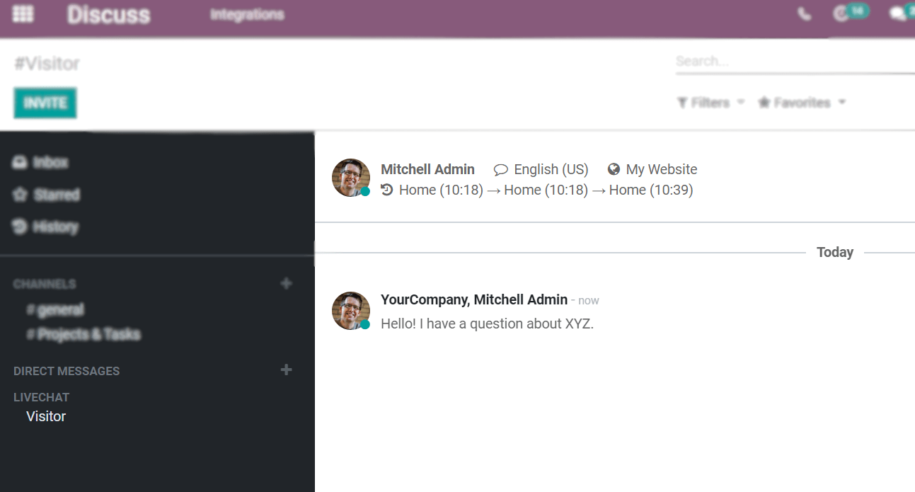 Vue de l'application Discussion avec un message envoyé par le live chat d'Odoo