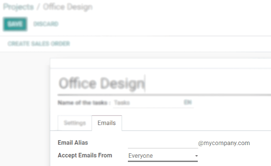 Dans les paramètres de votre projet, définissez l'alias de messagerie sous l'onglet Email dans Odoo Projet