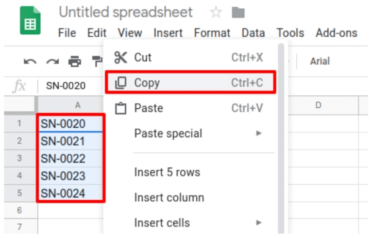 Liste des numéros de lot copiés dans la feuille de calcul Excel.