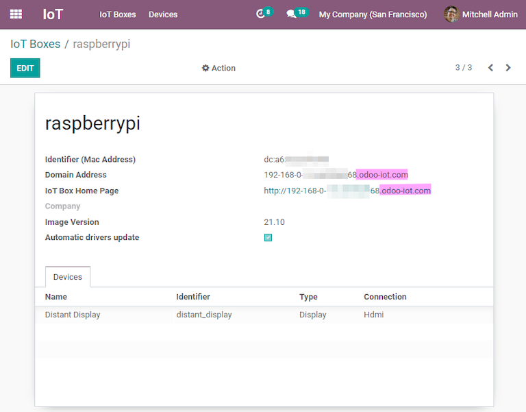 IoT Box sur l'application IoT Odoo avec le domaine .odoo-iot.com.