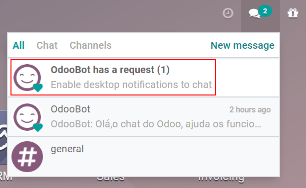 Vue des messages sous le menu de messagerie soulignant la demande des notifications push pour Odoo Discussion.