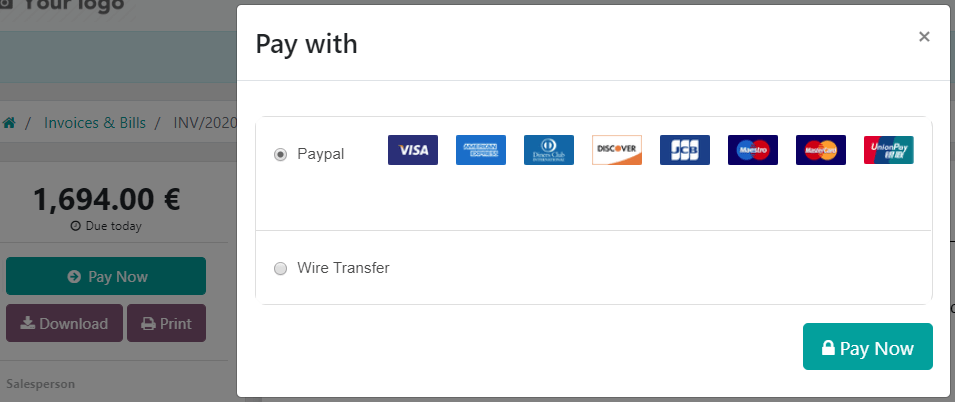 Payer en ligne dans le portail client et sélectionnez l'intermédiaire de paiement que vous voulez utiliser.