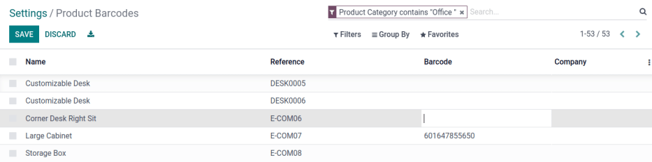 Vue de la page des codes-barres des produits dans les paramètres d'inventaire.