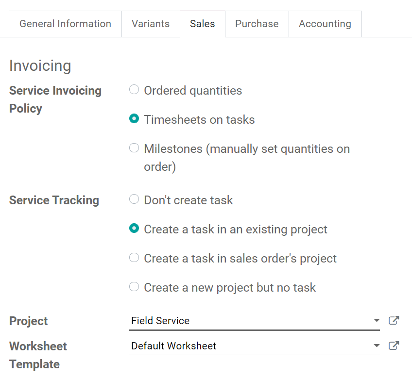 Configuration du projet pour créer des tâches à partir de la commande client dans Odoo Services sur Site