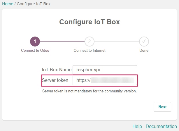 Saisissez le jeton de serveur dans l'IoT box.