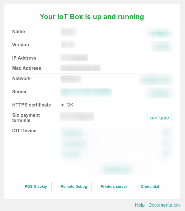 Page d'accueil de l'IoT Box avec le statut OK du certificat HTTPS.