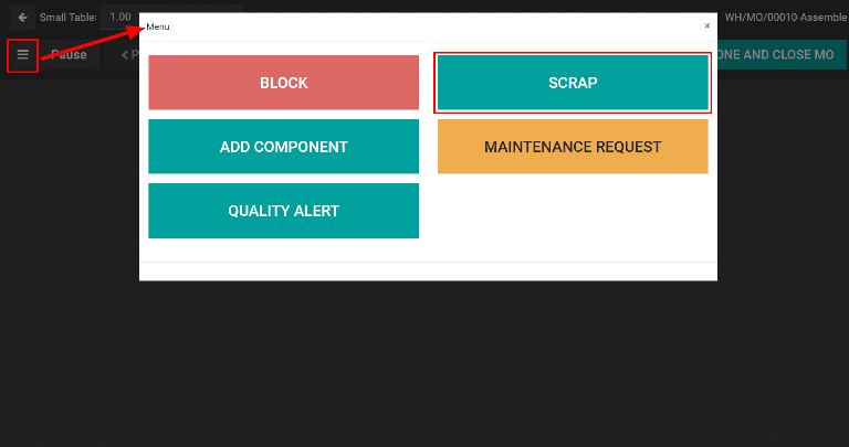 Le bouton Rebut dans la fenêtre contextuelle Menu de la vue de tablette de fabrication.