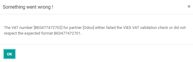 Odoo affiche un message d'erreur au lieu d'enregistrer lorsque le numéro de TVA n'est pas valide.