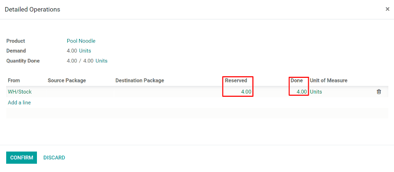 The Detailed Operations pop-up for a product in a delivery order.