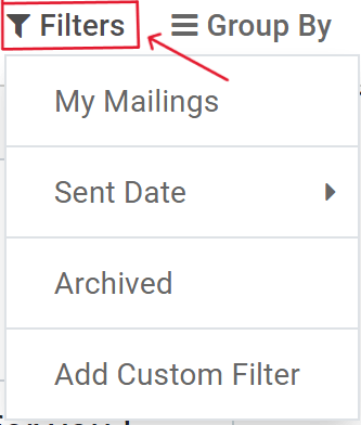 Weergave van de opties van het vervolgkeuzemenu filters op Odoo's E-mailmarketing dashboard.