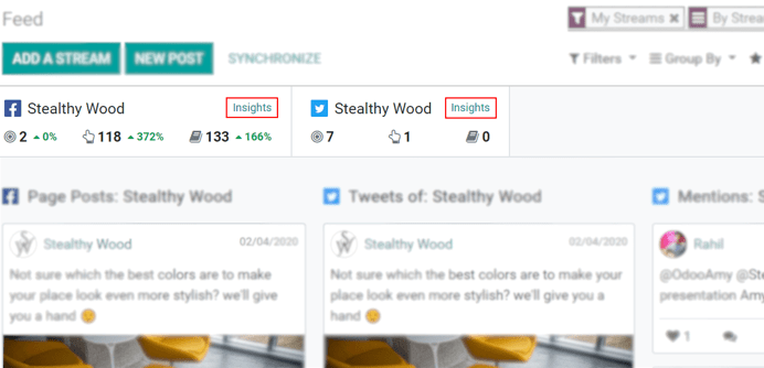 De link Inzichten is toegankelijk voor elk socialmedia-stream die is toegevoegd in Odoo.