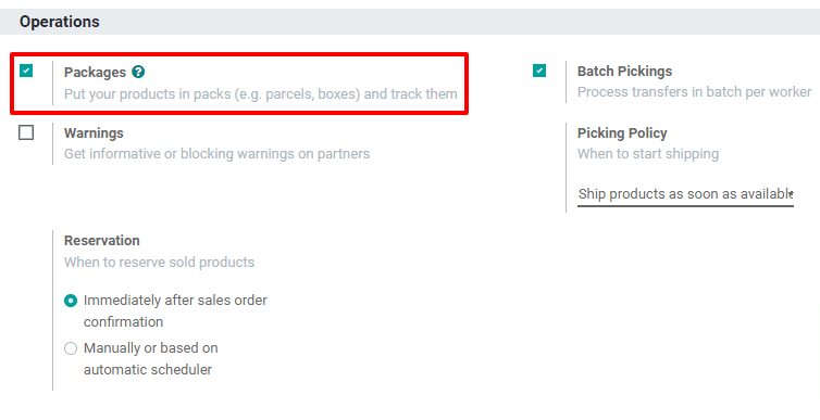 The Packages setting on the Inventory app settings page.