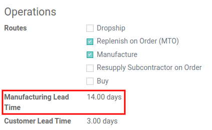 View of the manufacturing lead time configuration from the product form.