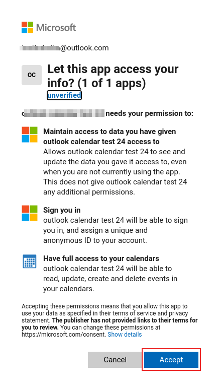Procesul de autentificare pe pagina Microsoft Outlook OAuth.
