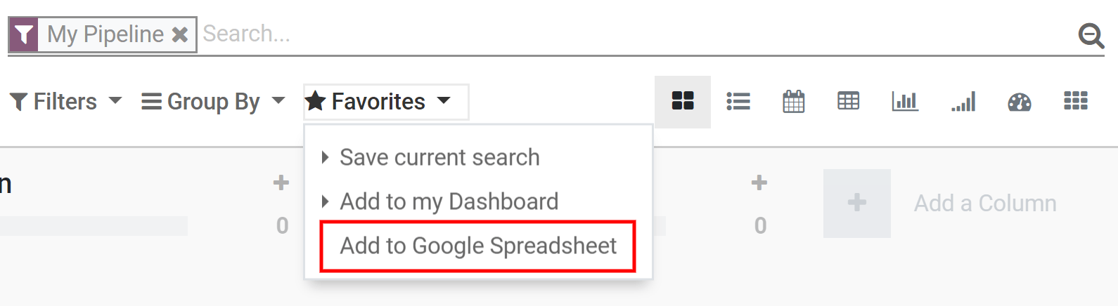 De la aplicația CRM, de exemplu, faceți clic pe adăugați la Google Spreadsheet în Odoo