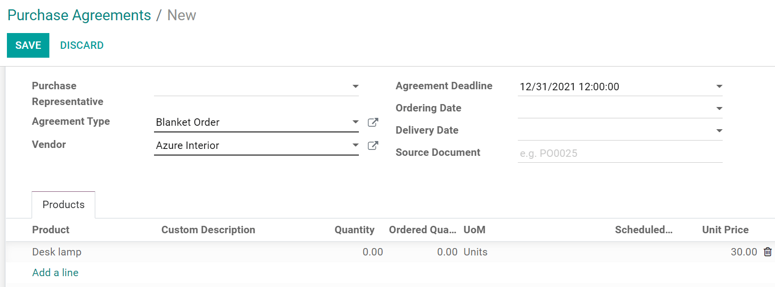 Configurați o comandă generală în Odoo Achiziție