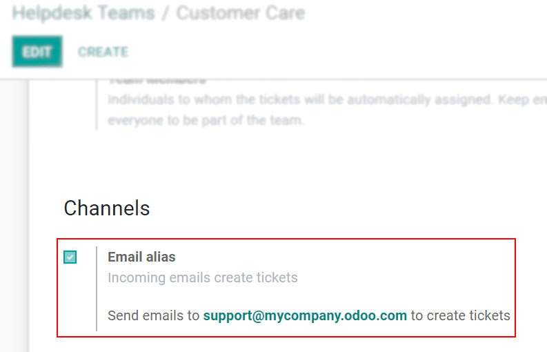 Vedere a paginii de setări a unei echipe de helpdesk care subliniază caracteristica aliasului de e-mail în Odoo Helpdesk