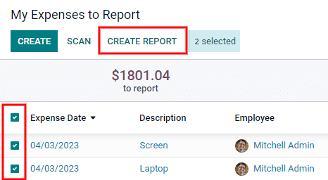 Select the expenses to submit, then create the report.