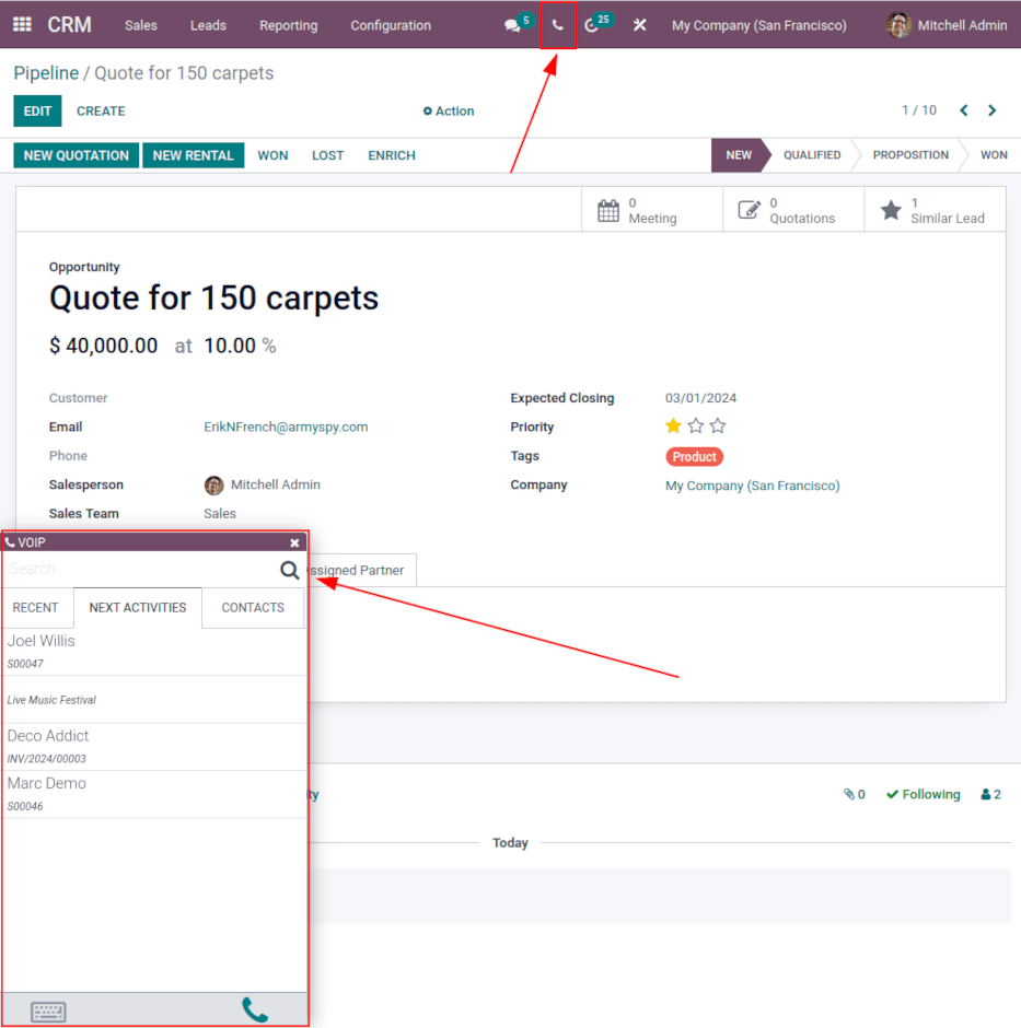 Vedere a clienților potențiali CRM și opțiunea de a programa o activitate pentru Odoo Discuss.