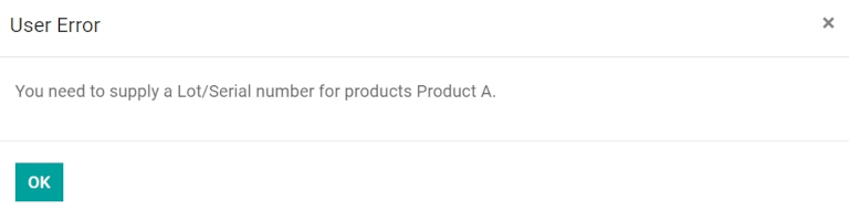 User error popup when validating an order with no lot number.